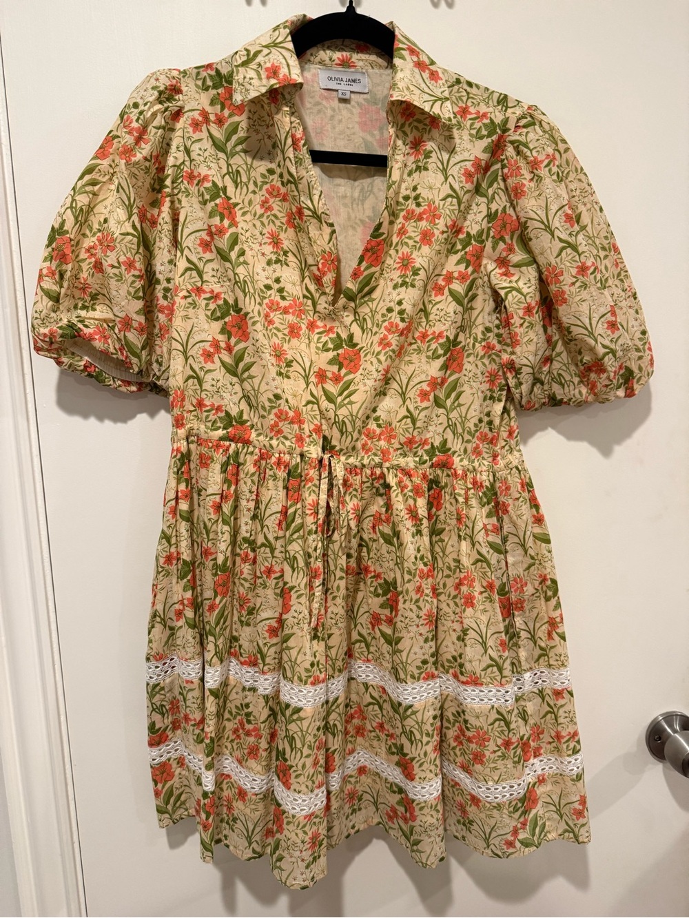 Olivia James Floral Puff-Sleeve Mini Dress in Cream & Coral